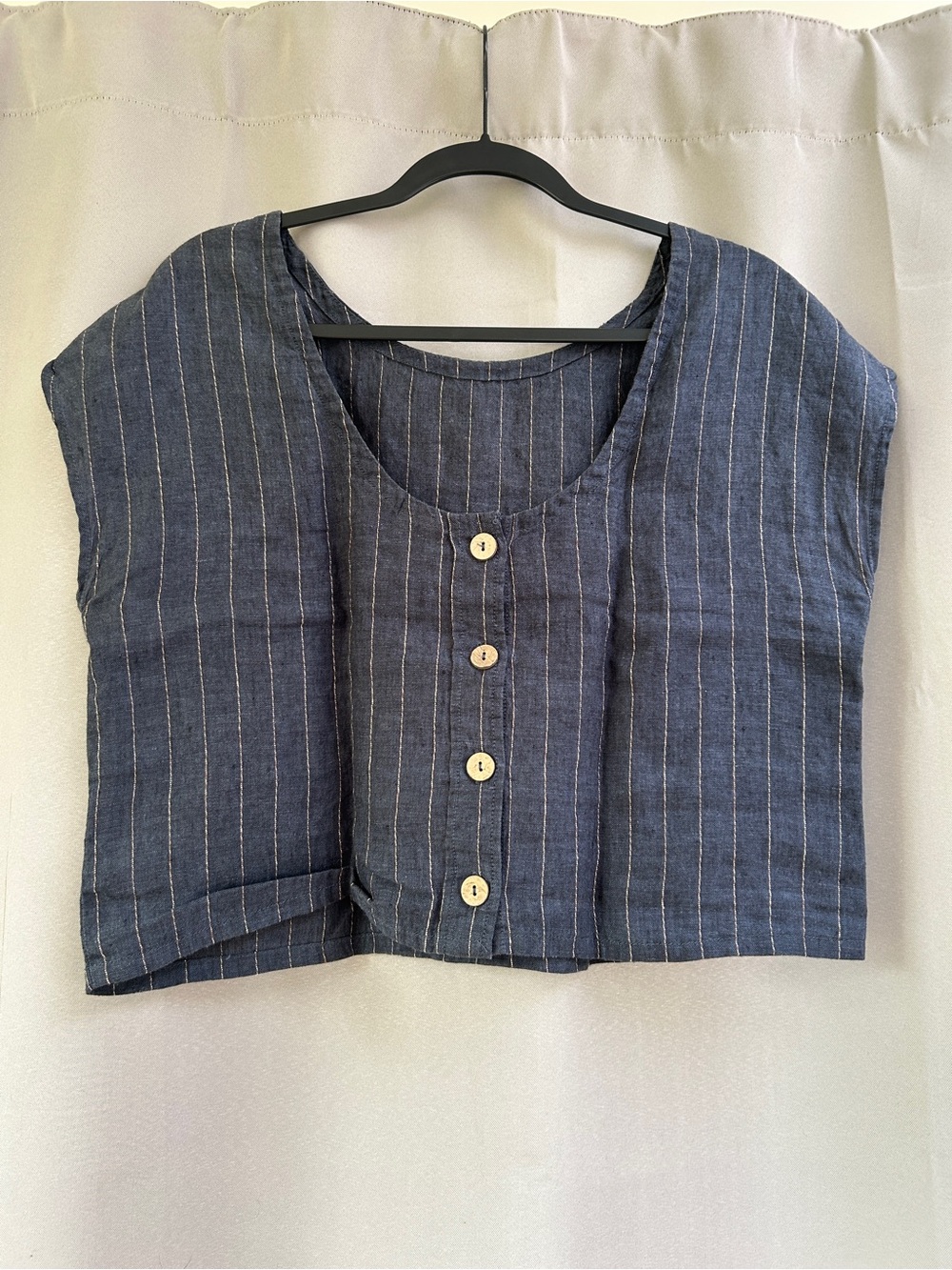 Catherine Malandrino Navy Pinstripe Cropped Button down back cropped Top